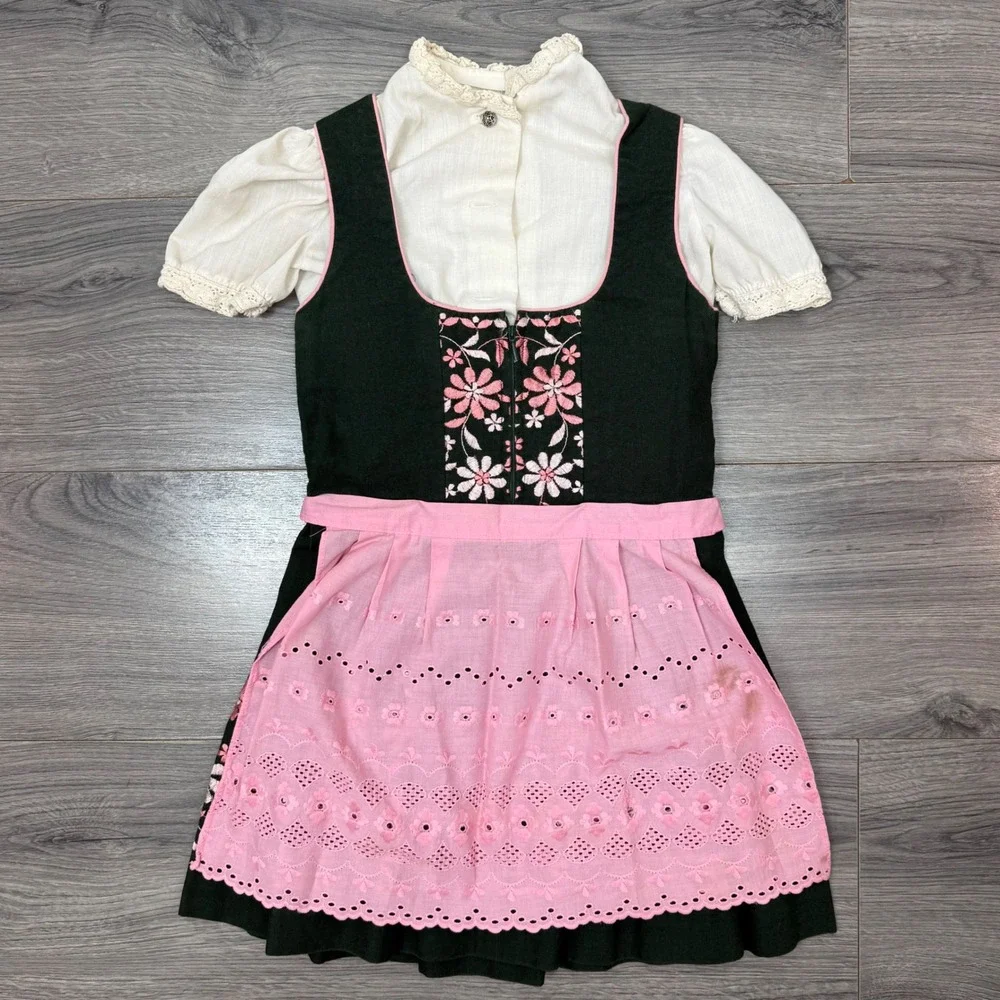 Vintage German Dirndl Set Kids Sz 6 Green Pink Floral Dress Apron Oktoberfest